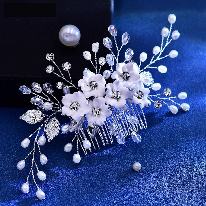 Silver Polymer Clay Flower Hair Comb - Handmade