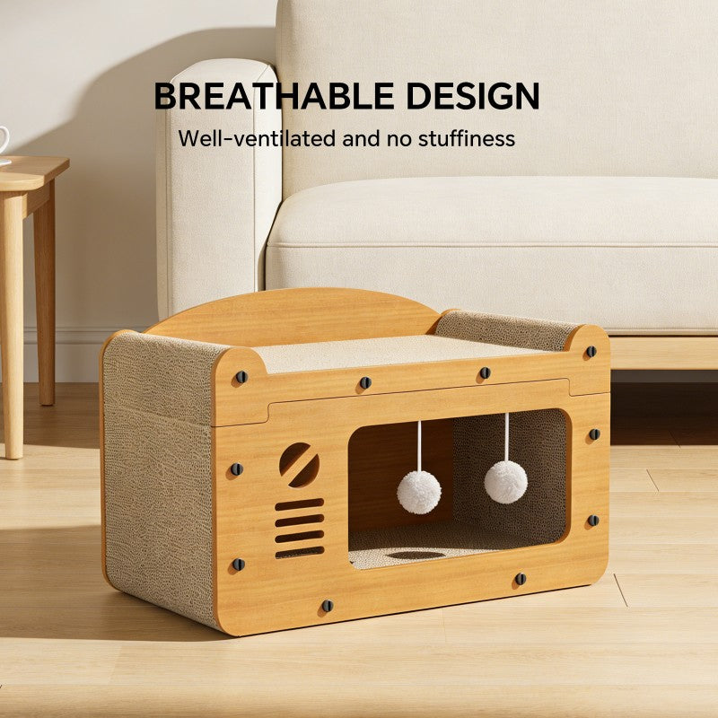 Double Layer Cat Scratcher Sofa Bed with Teaser Balls - 56cm, Yellow