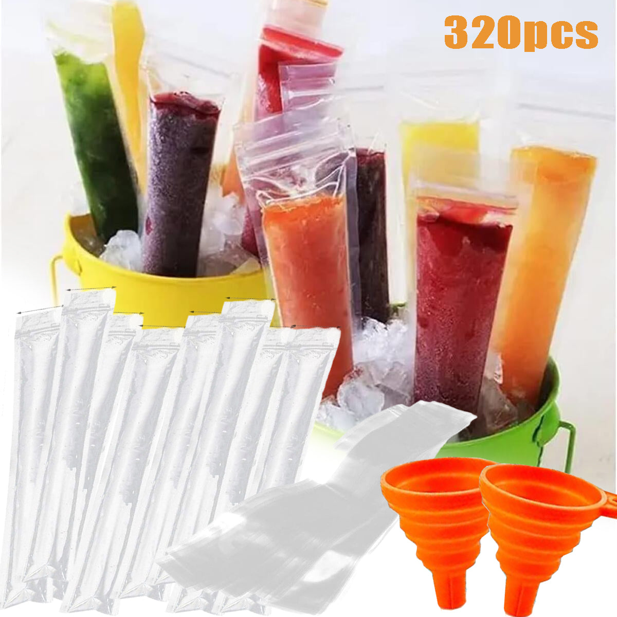 320 Popsicle Bags with 2 Orange Funnels - Ice Pop Pouch Set