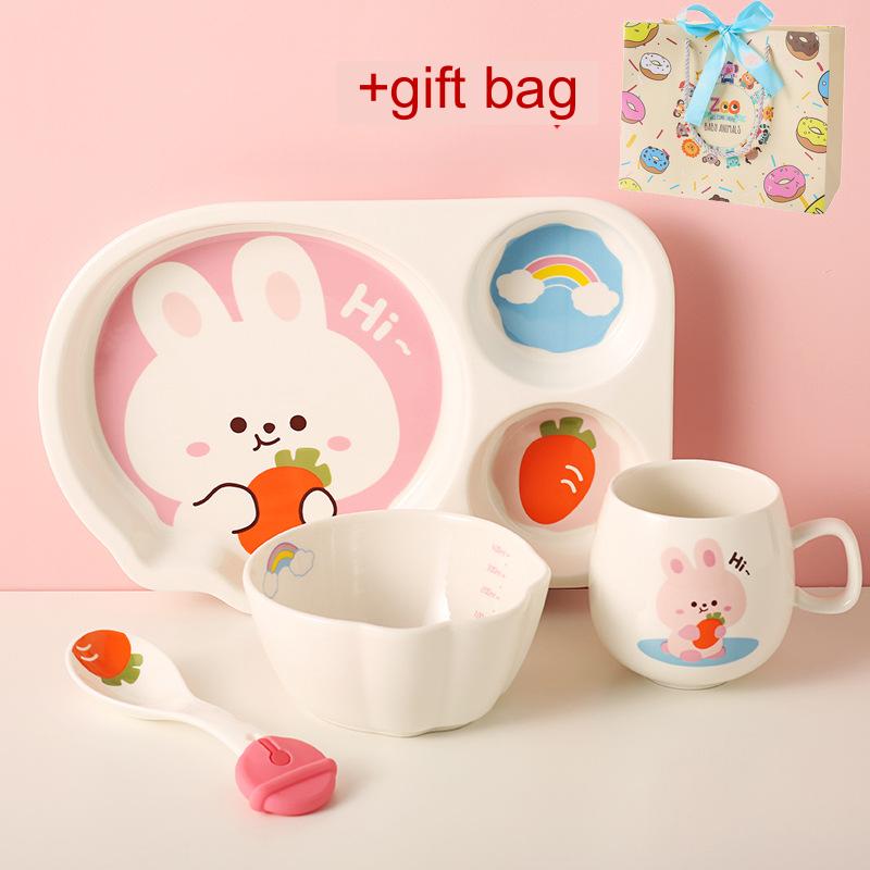 Children's Dinnerware Set with Cartoon Rabbit Design - Plates, Bowls, Cups & Utensils, Multiple Pieces