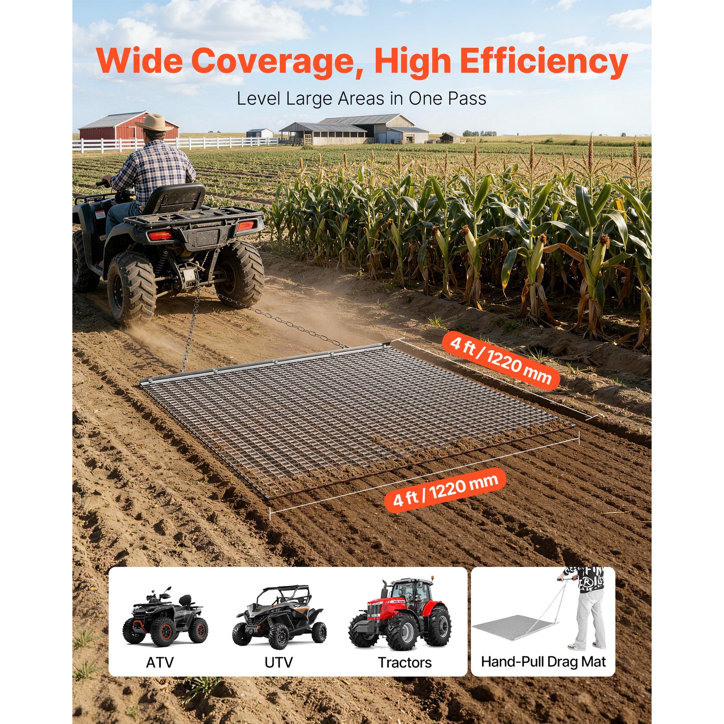 4x4 ft Chain Harrow for Gravel Driveways & Farm Fields - Galvanized Steel Drag Mat with Towing Chain