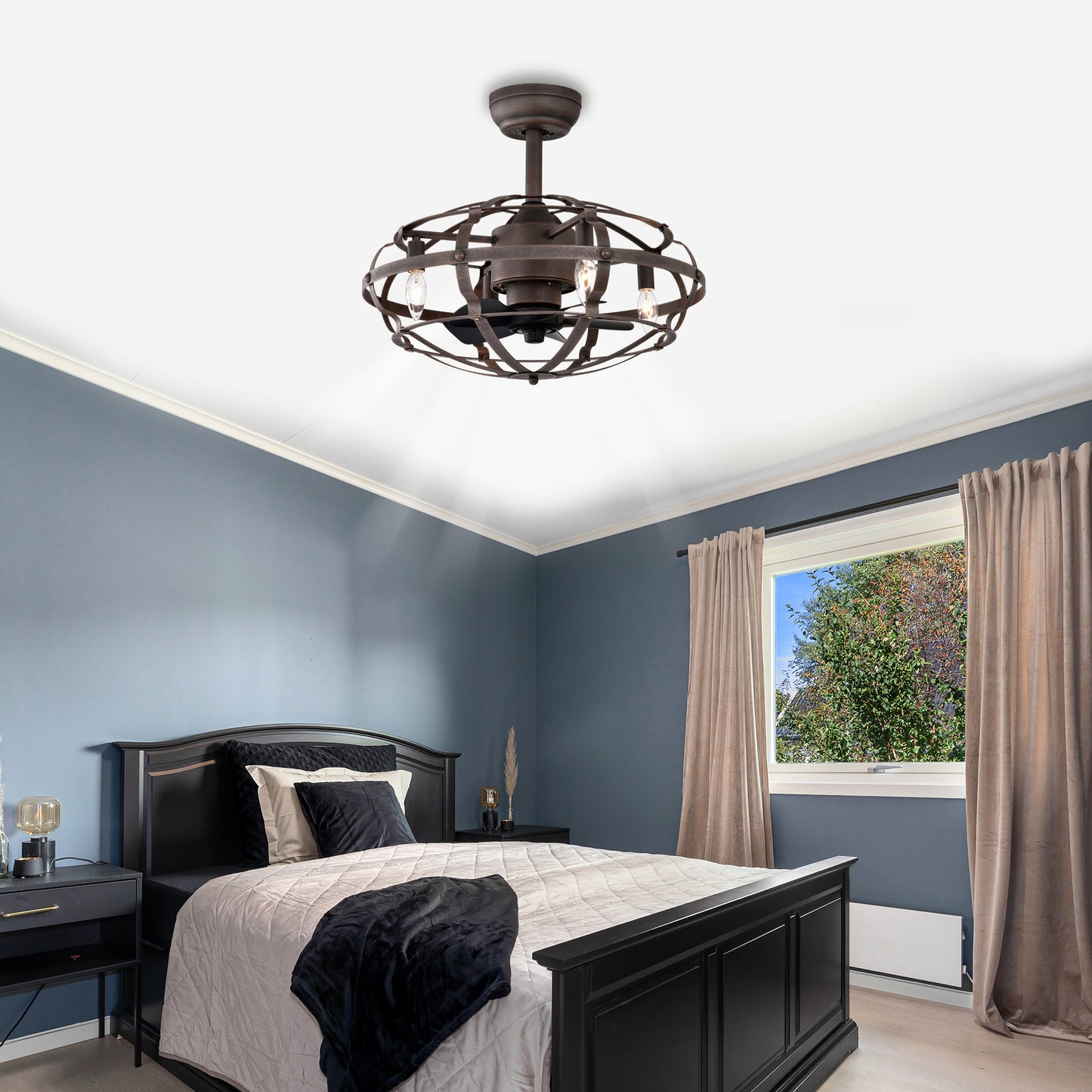 20.63 Inch Caged Ceiling Fan with Lights - Rust Red, Remote Control
