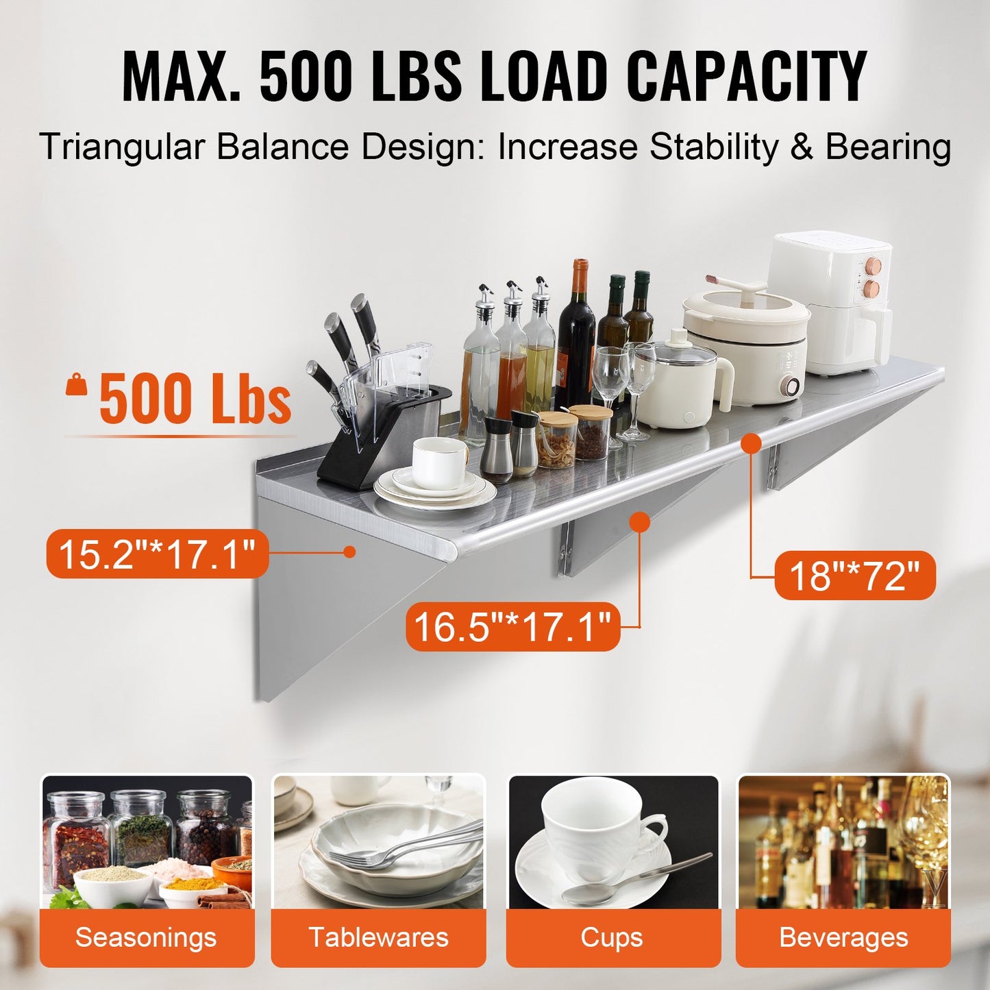 Heavy Duty Stainless Steel Floating Shelf - 18' x 72' - 500 LBS Capacity