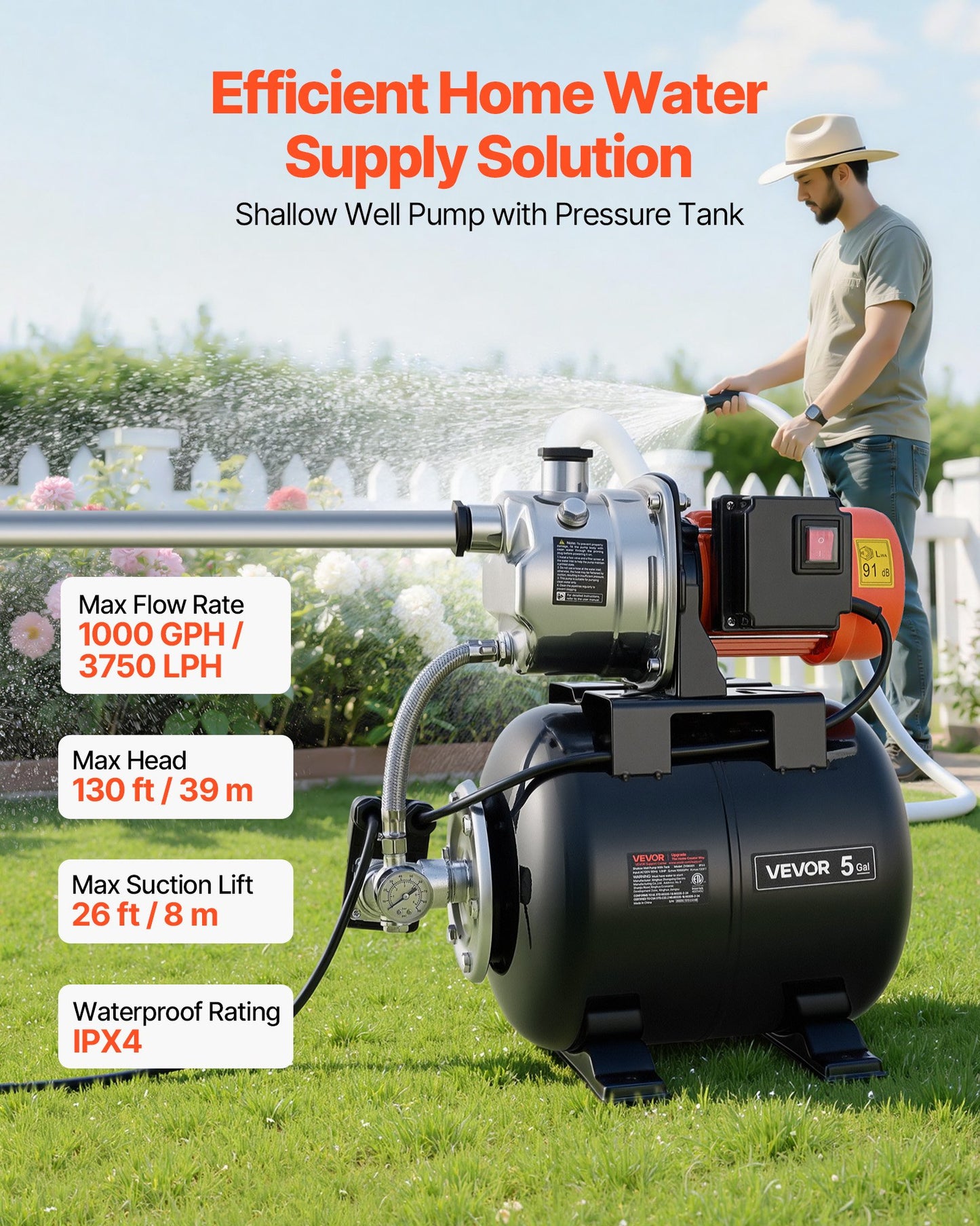 Shallow Well Pump with Pressure Tank - 120V, Stainless Steel, 1000 GPH, Garden Irrigation System