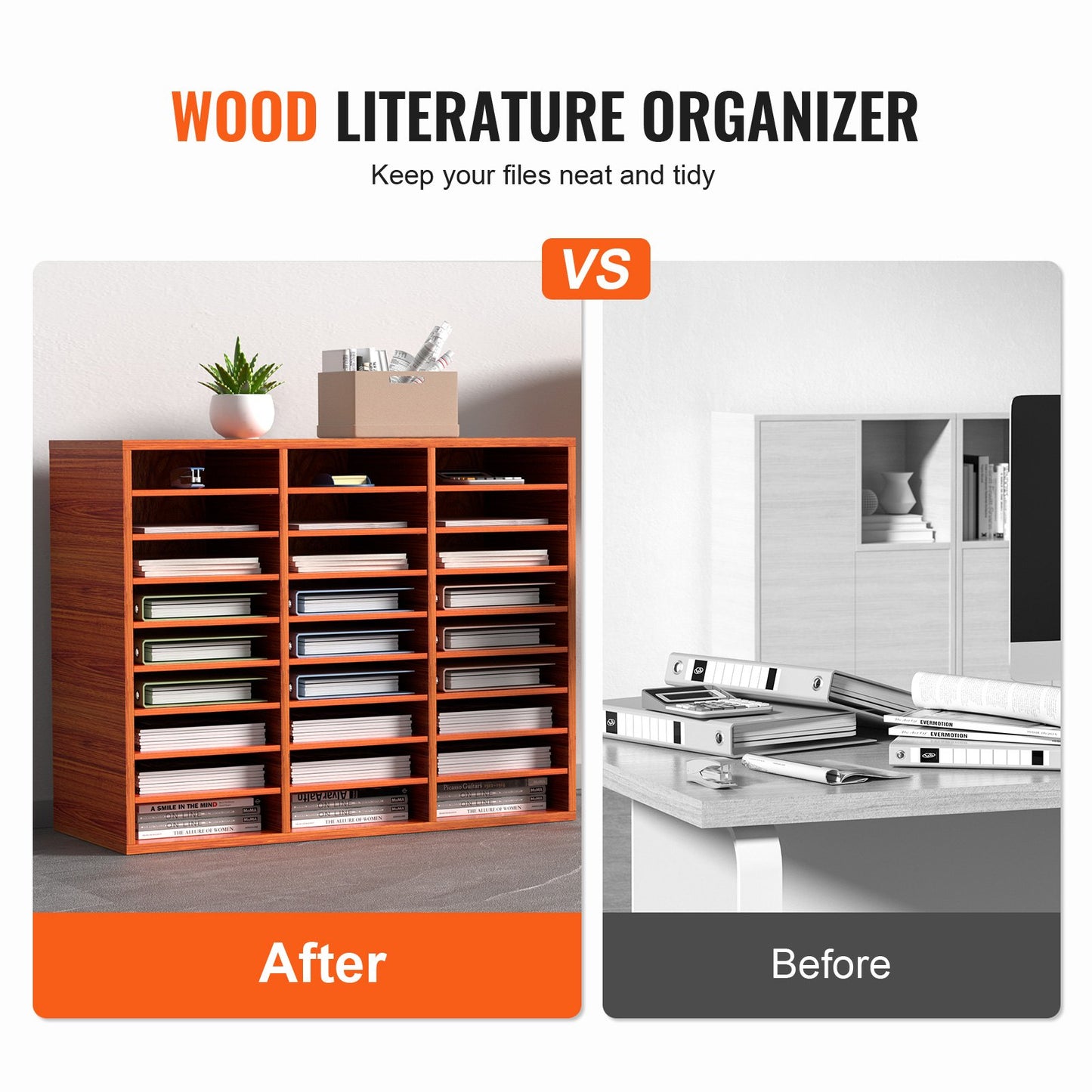 27-Compartment Wood Literature Organizer - Adjustable Storage for Files & Papers