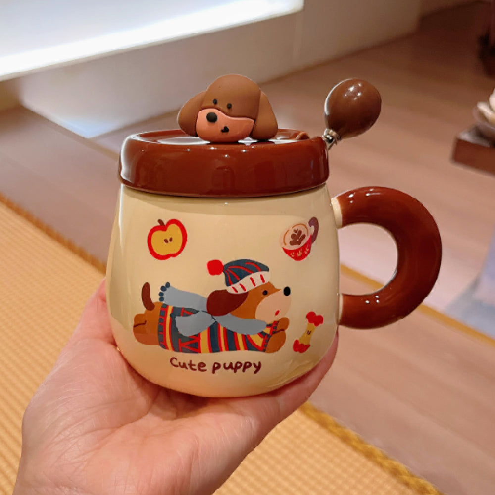 Cartoon Sausage Dog Mug with Lid and Spoon - Ceramic Water Cup, 350ML