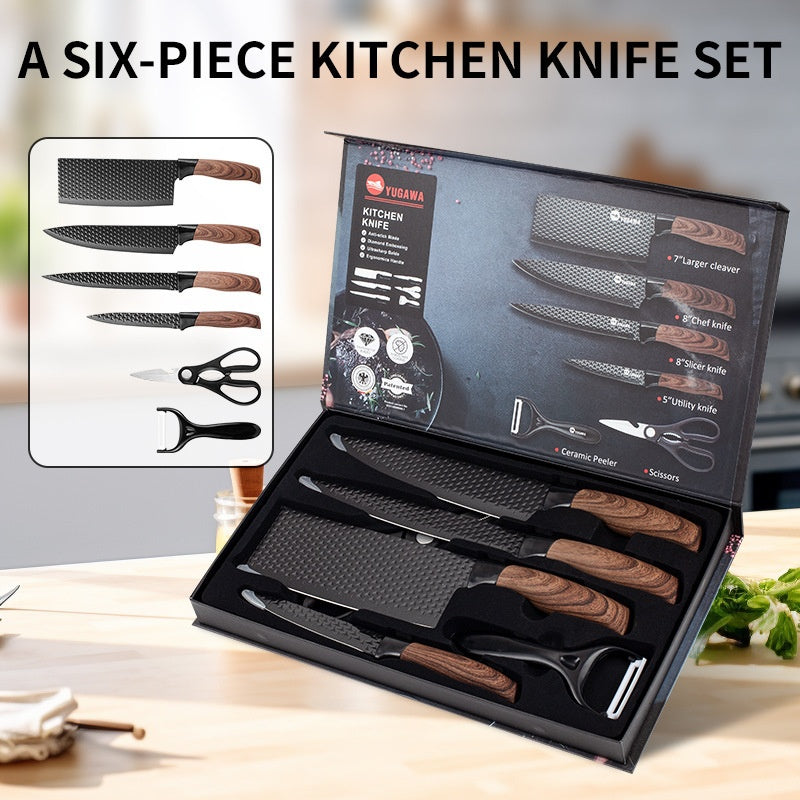 Six-Piece Stainless Steel Kitchen Knife Set with Diamond Finish - Modern Design
