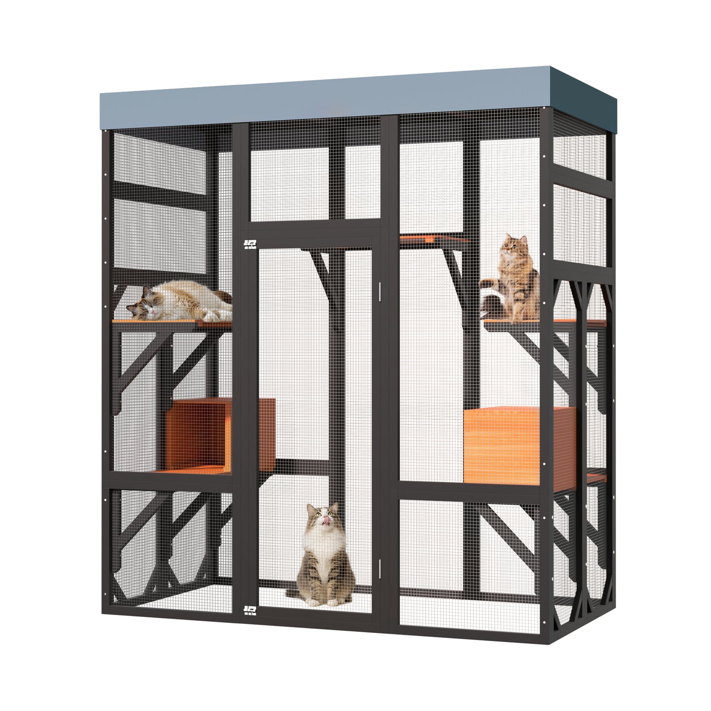Large Wooden Cat Enclosure with Waterproof Cover and Multiple Platforms