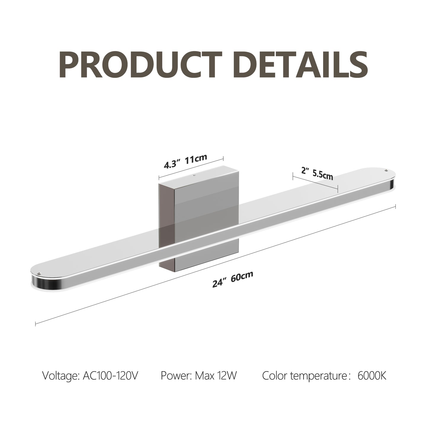 Dimmable 24 Inch Chrome LED Vanity Wall Light for Bathroom Mirror