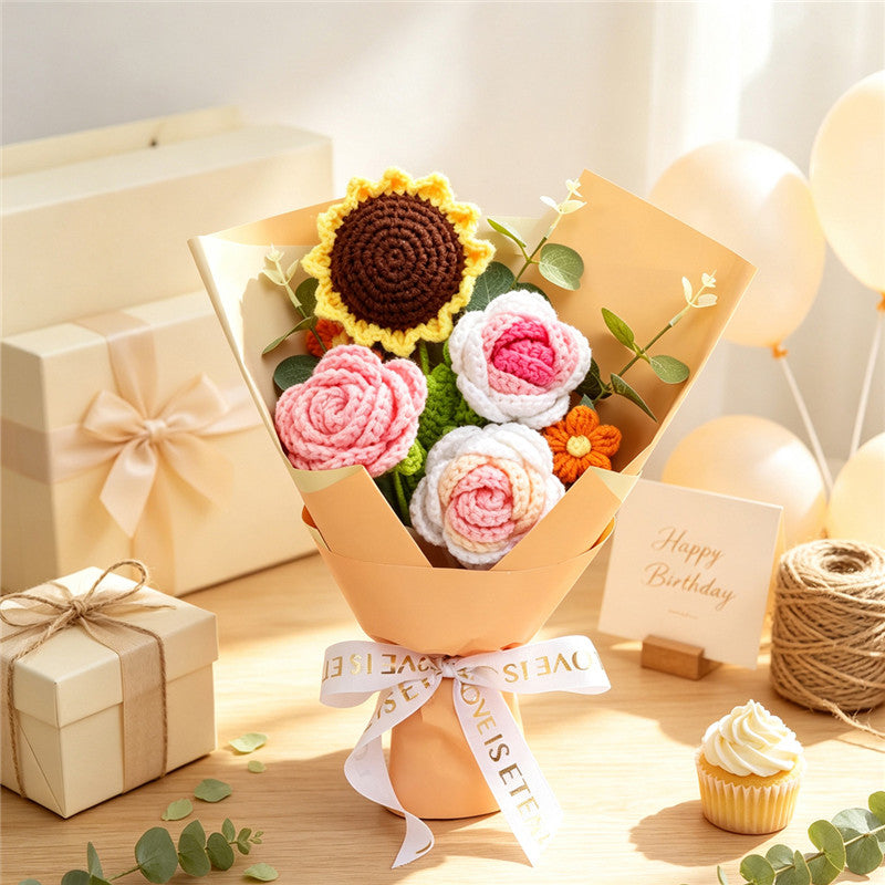 Crocheted Flower Bouquet with Sunflower and Pink Roses - Handmade Home Decor Gift