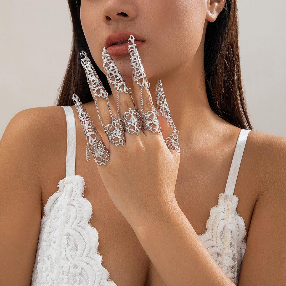 Gothic Style Hollow Tapered Fingernail Ring with Tassel and Geometric Design