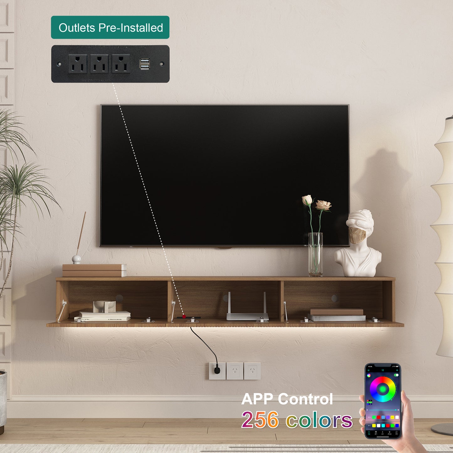Wall Mounted Floating TV Stand with 16 Color LEDs - 65 Inch