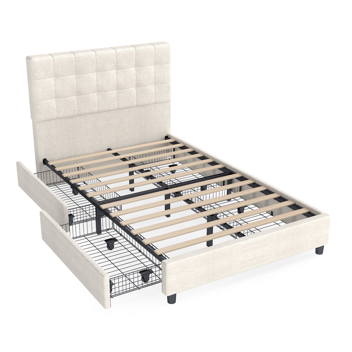 Bed Frame Upholstered Vertical Channel Headboard With 4 Storage