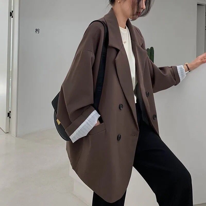 Women's Double Breasted Coffee Suit Jacket - Mid-Length