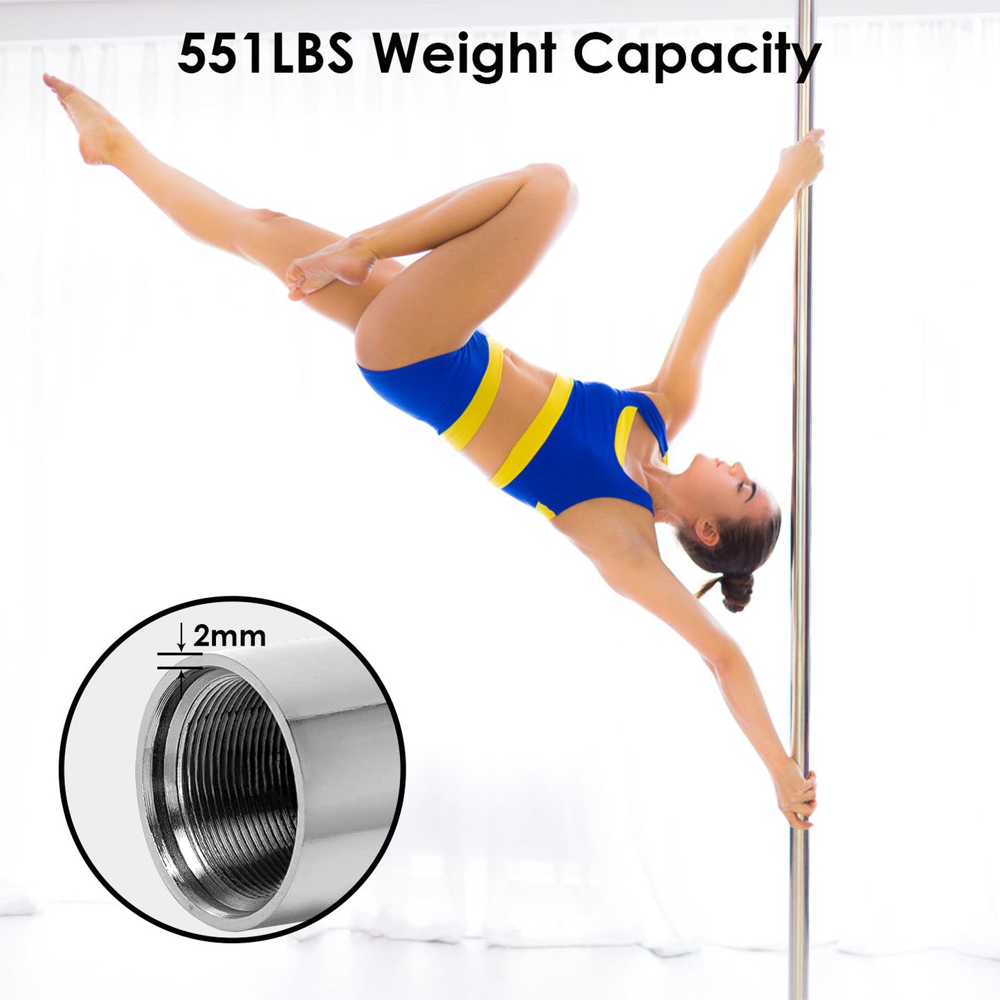 Adjustable Dance Pole - 45mm Spinning & Static Modes, 88-108.1in Height, 551lbs Capacity