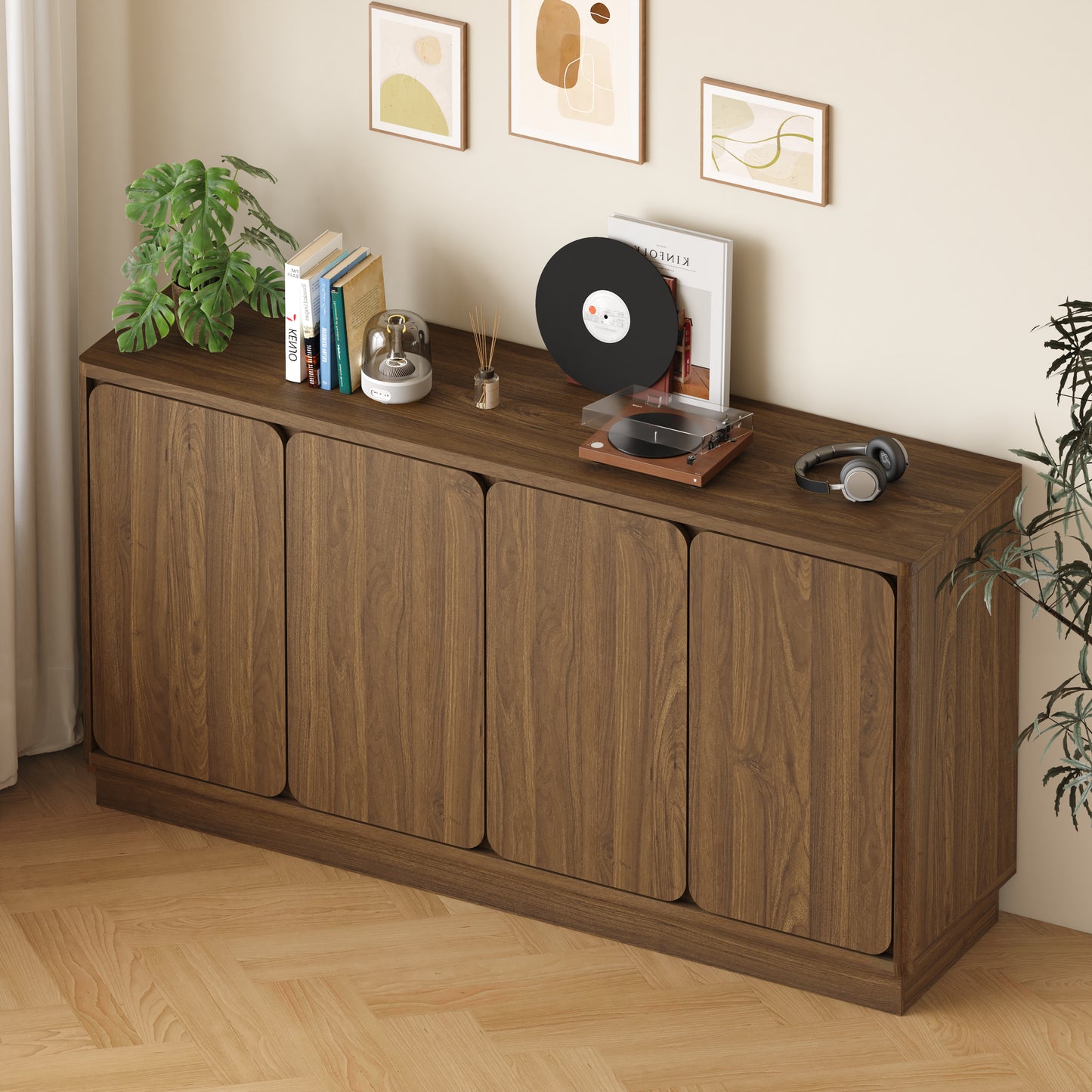 59.1" Walnut 4-Door Sideboard Buffet Cabinet with Adjustable Shelves