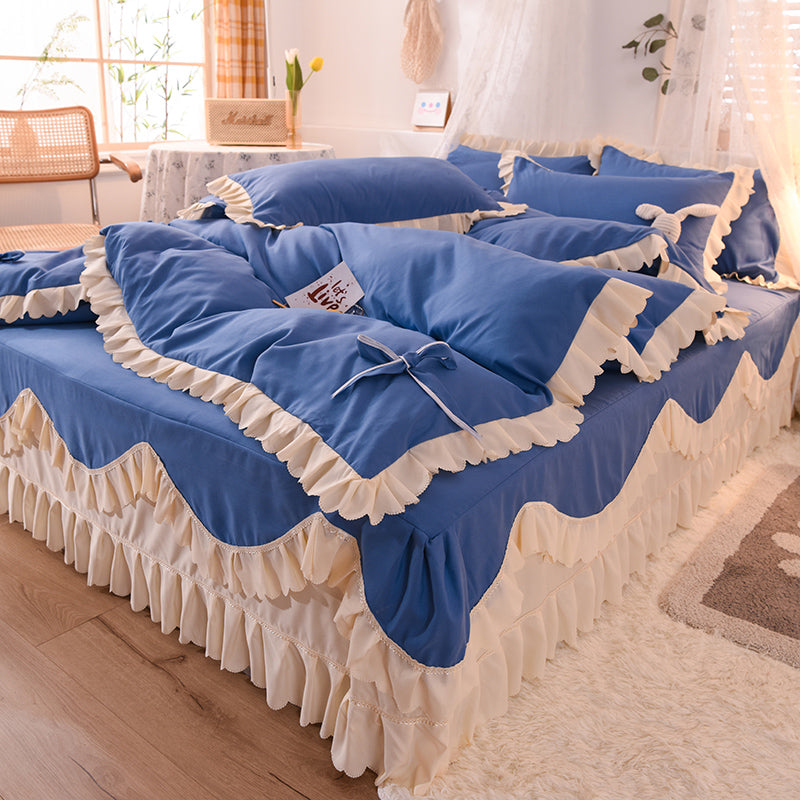 Luxury Four-Piece Lotus Leaf Lace Bed Sheet Duvet Cover Set with Bed Skirt