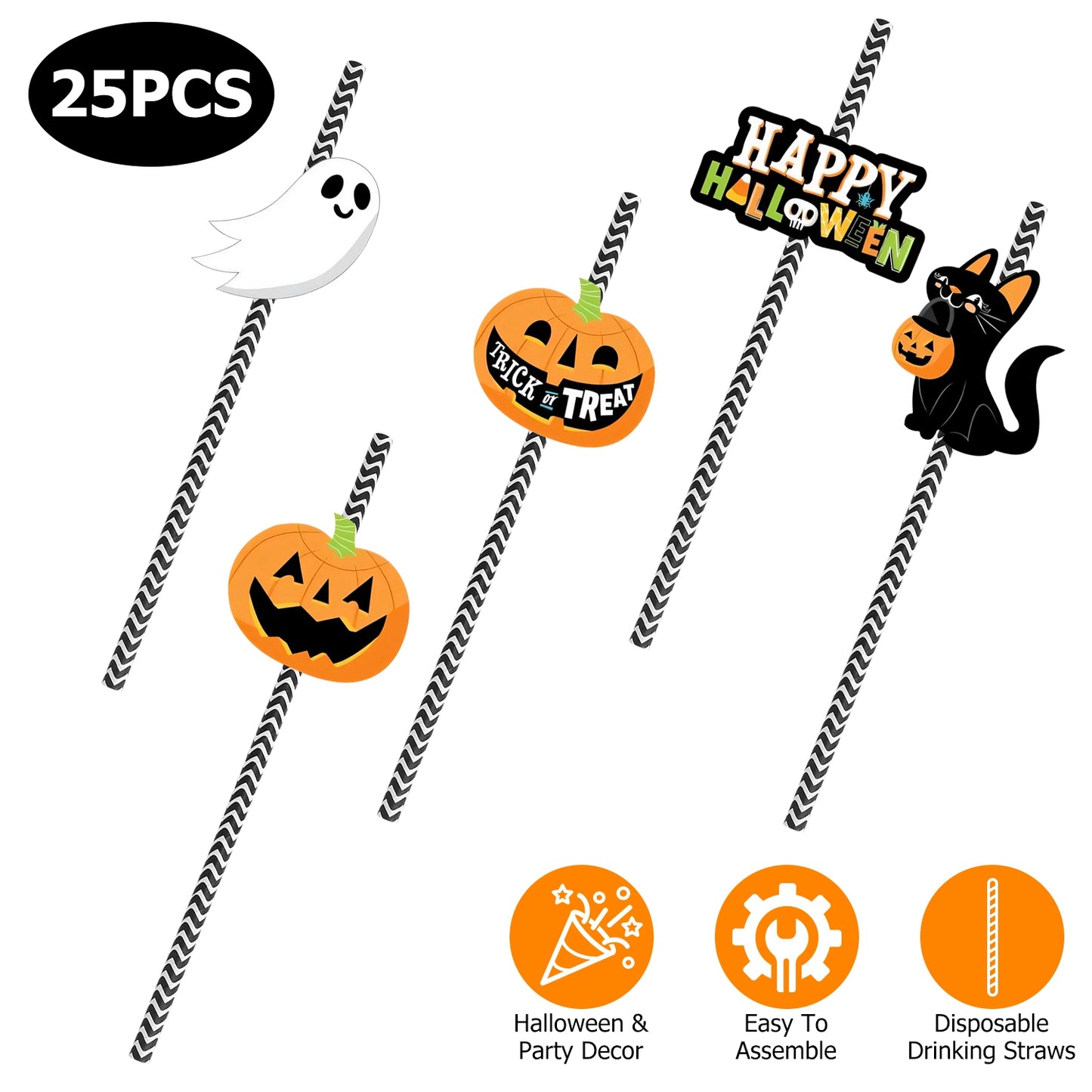 25-Pack Halloween Decorative Straws - Multicolor Paper Straws