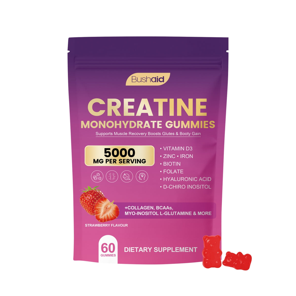 Creatine Collagen BCAA Gummies - 60 Count Dietary Supplement