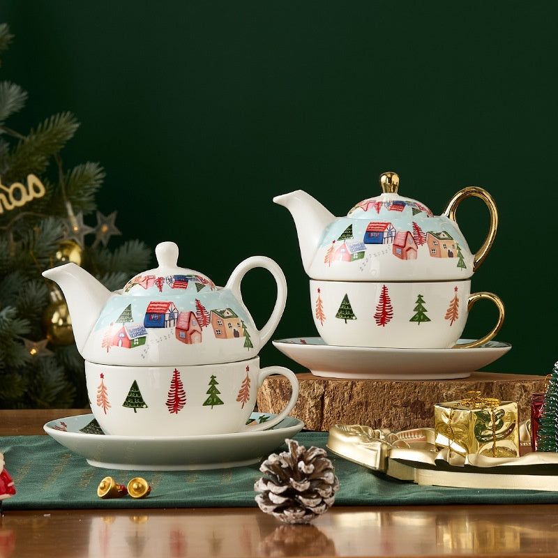 Gift Box Tea Set with Ceramic Teapot & Cups - Gold Plated Snowflake Design, Christmas Gift