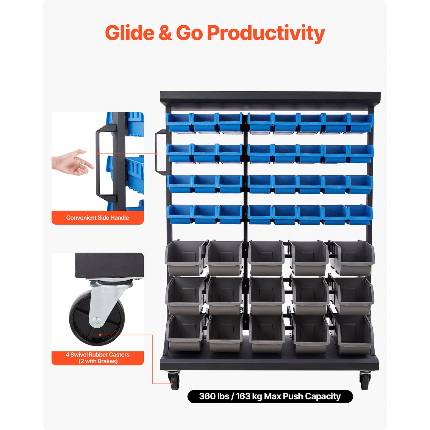 7-Tier Double-Sided Rolling Storage Rack with 94 Plastic Bins, Mobile Organizer
