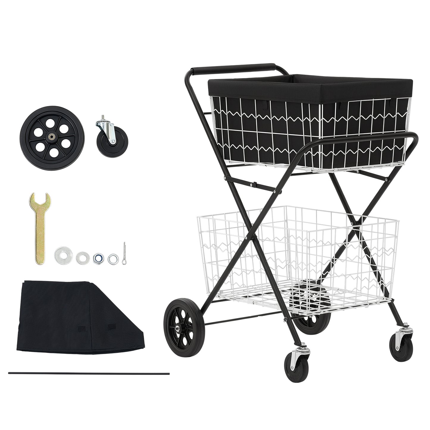 Heavy Duty Foldable 2-Tier Shopping Cart with Wheels & Detachable Baskets