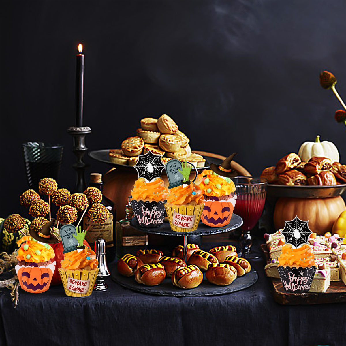 Halloween Cupcake Decoration Set - 48 Pcs Zombie Hand & Witch Hat Picks