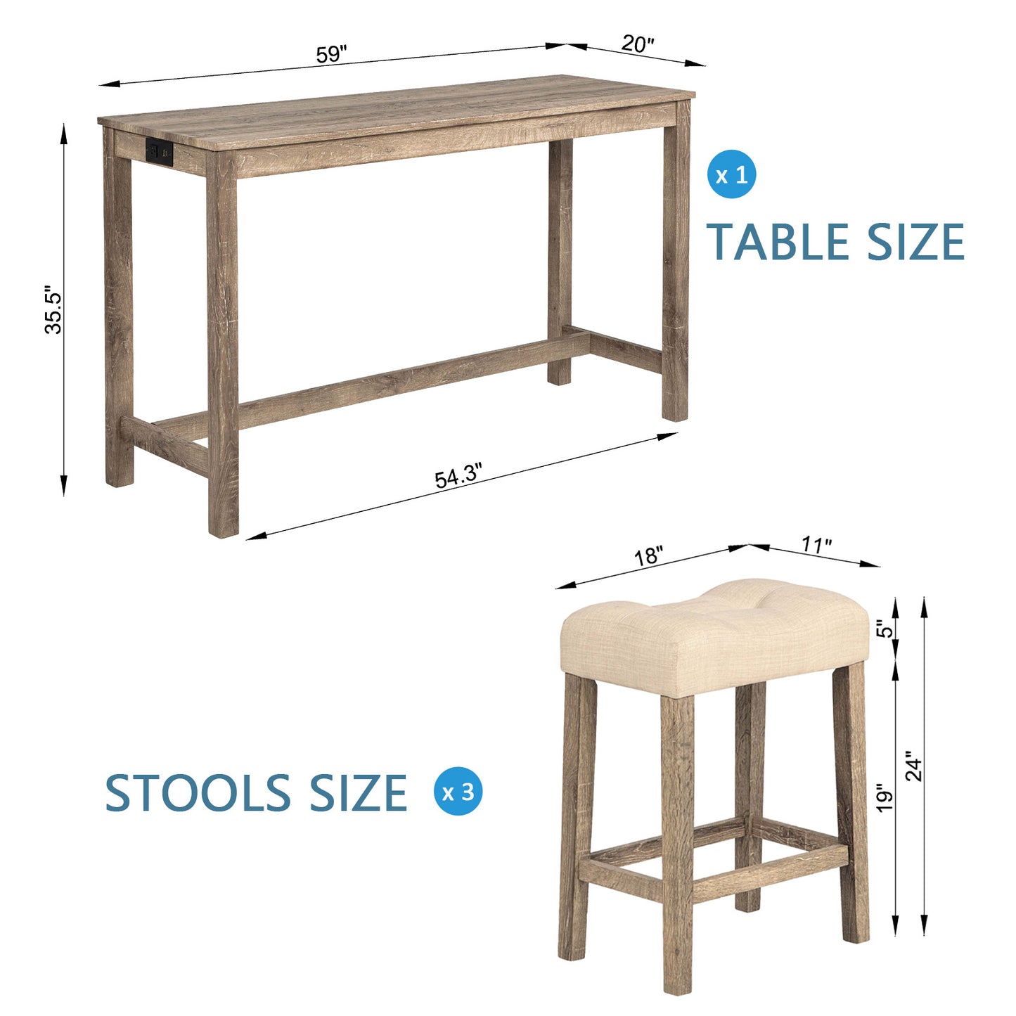 4-Piece Bar Table Set with Power Outlet and 3 Stools - Brown