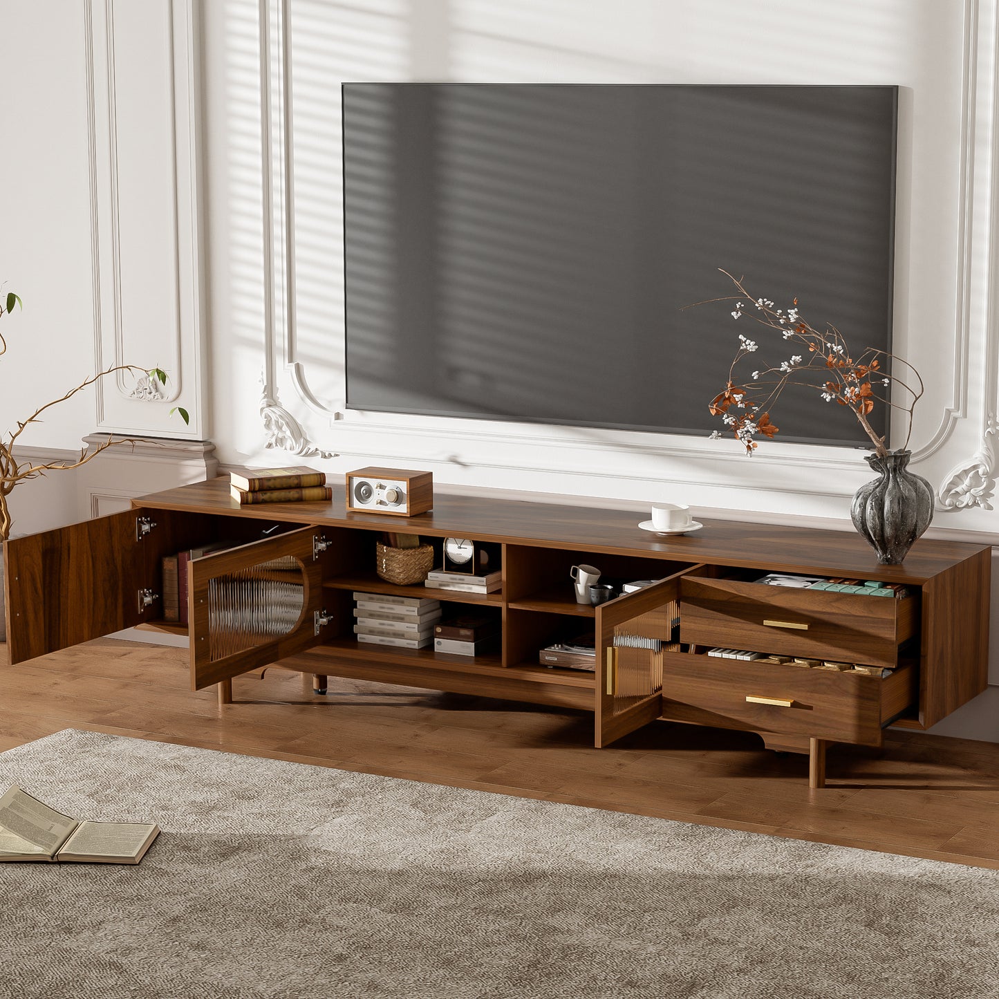 78-Inch Modern TV Stand for TVs Up to 85" - Walnut Finish