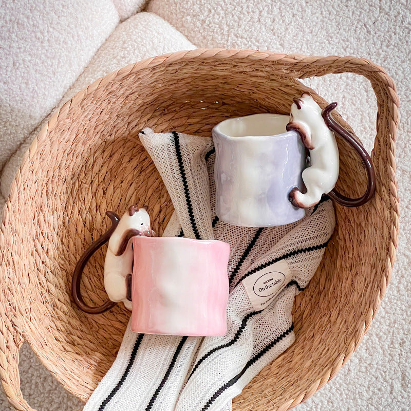 Hand Painted 3D Siamese Cat Ceramic Mug - Pink & Blue, 350ml