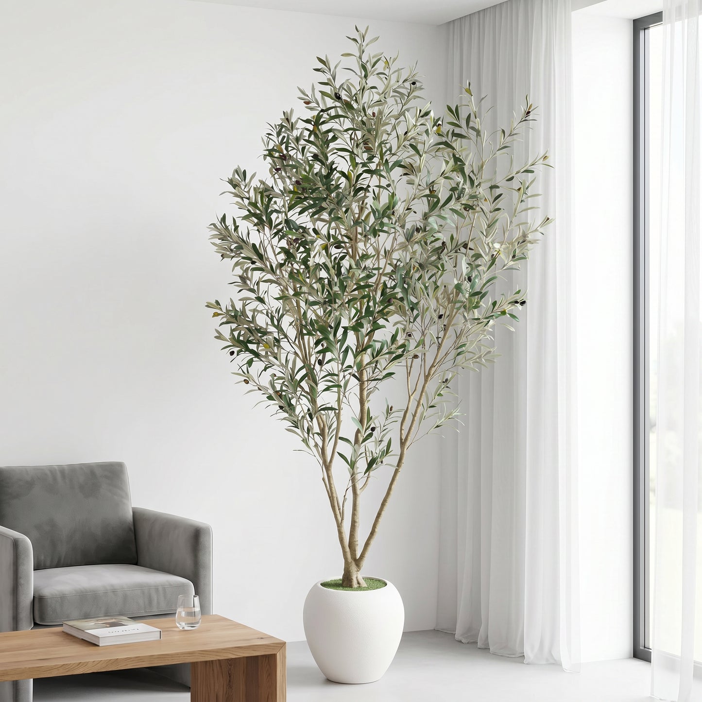 8FT Artificial Olive Tree with Modern White Planter - Indoor & Outdoor