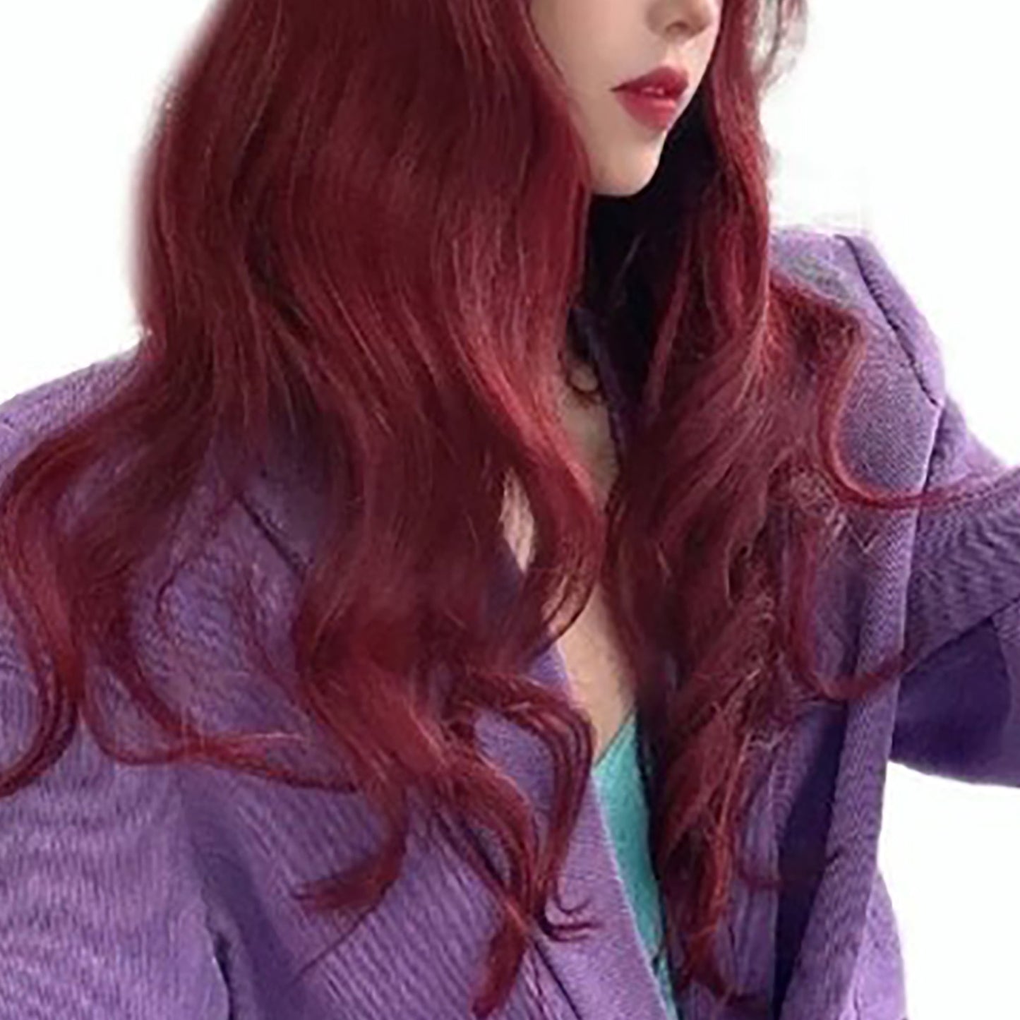 Long Wavy Synthetic Wig with Bangs - Wine Red Heat-Resistant Fiber