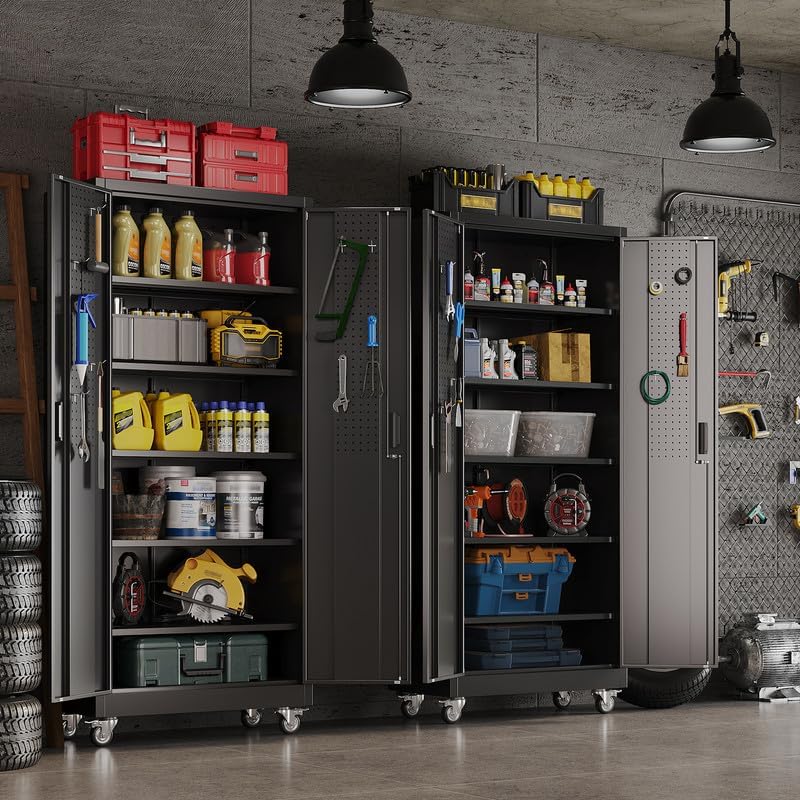 Metal Storage Cabinet on Wheels - Lockable Black with 5 Shelves