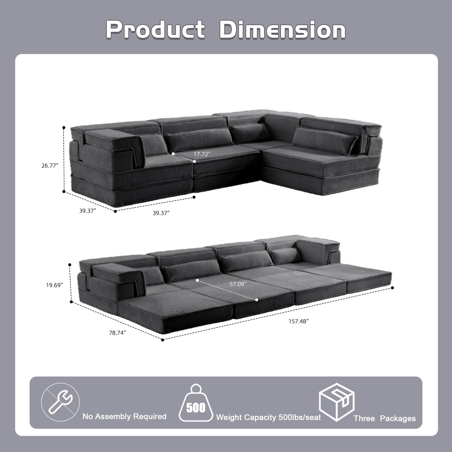 Oversized Dark Grey Compression Mahjong Sofa Bed - 4 Seater