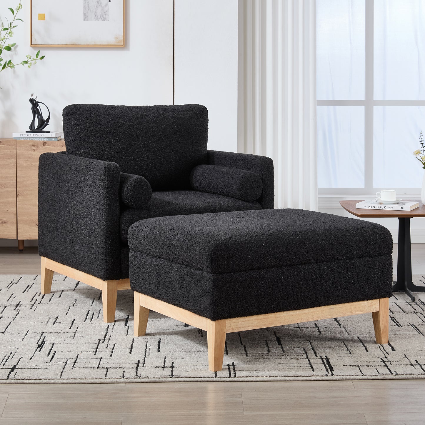 Farmhouse Upholstered Accent Arm Chair with Ottoman - Black Boucle