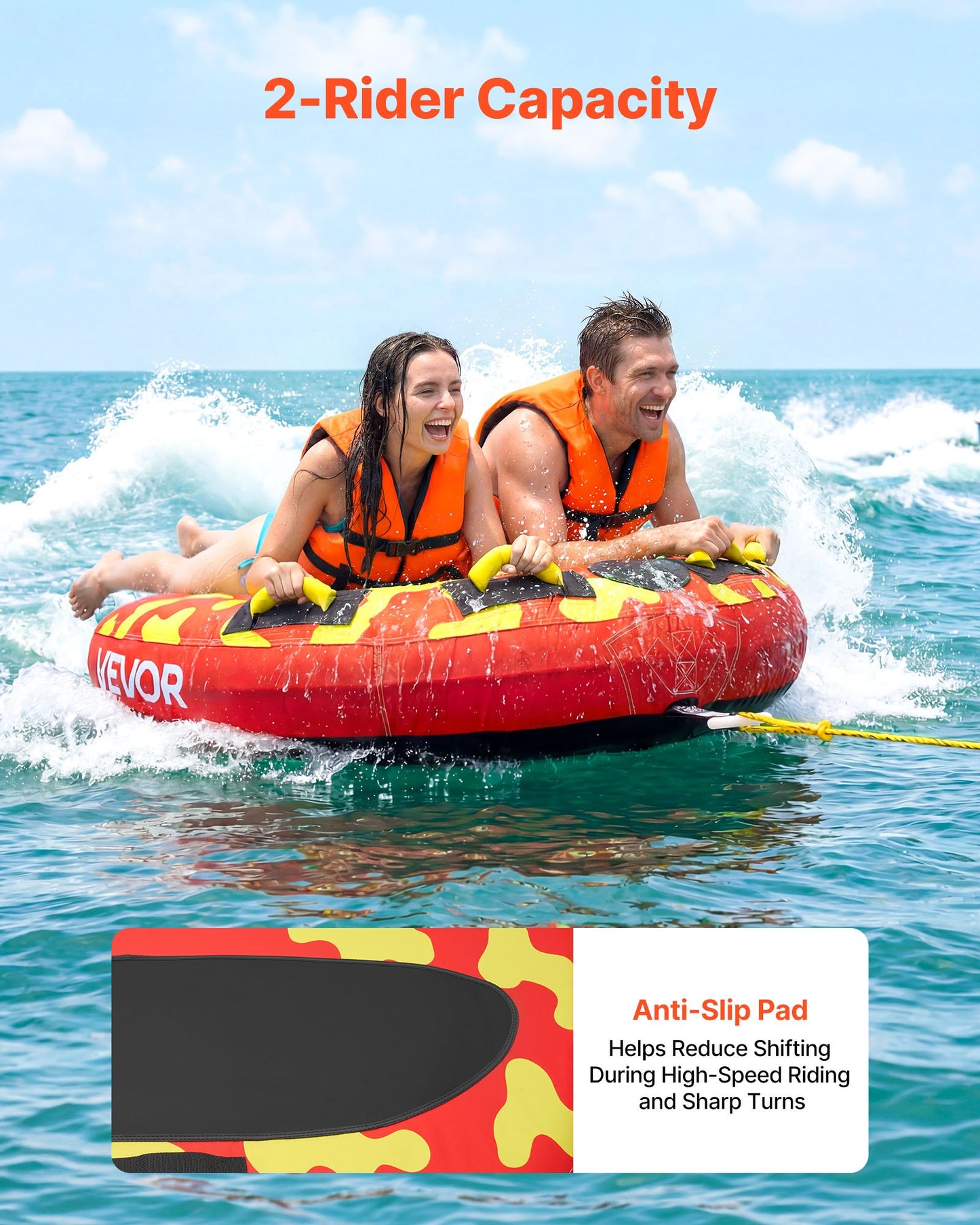 2-Person Inflatable Towable Tube for Boating - 340lb Capacity Water Sport Tube with Padded Handles & Anti-Slip Pad