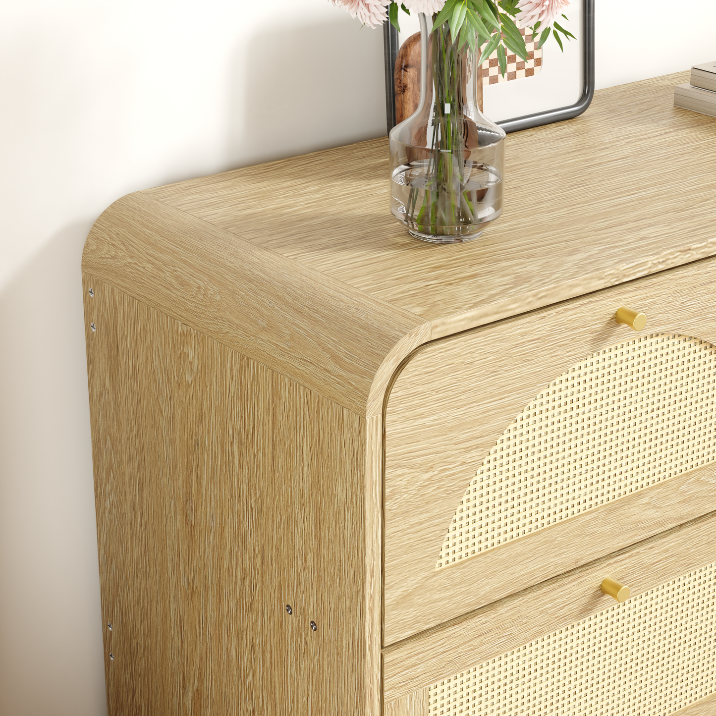 9-Drawer Rattan Dresser - Modern Walnut Storage Cabinet