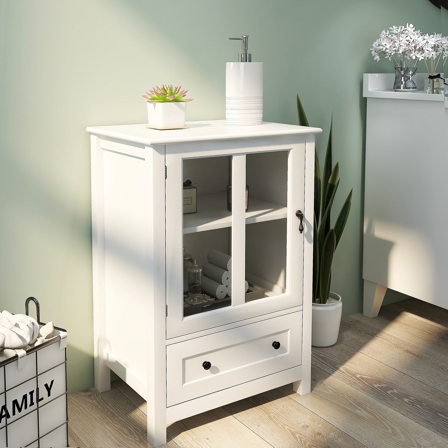Buffet Storage Cabinet with Glass Doors & Bell Handle - White