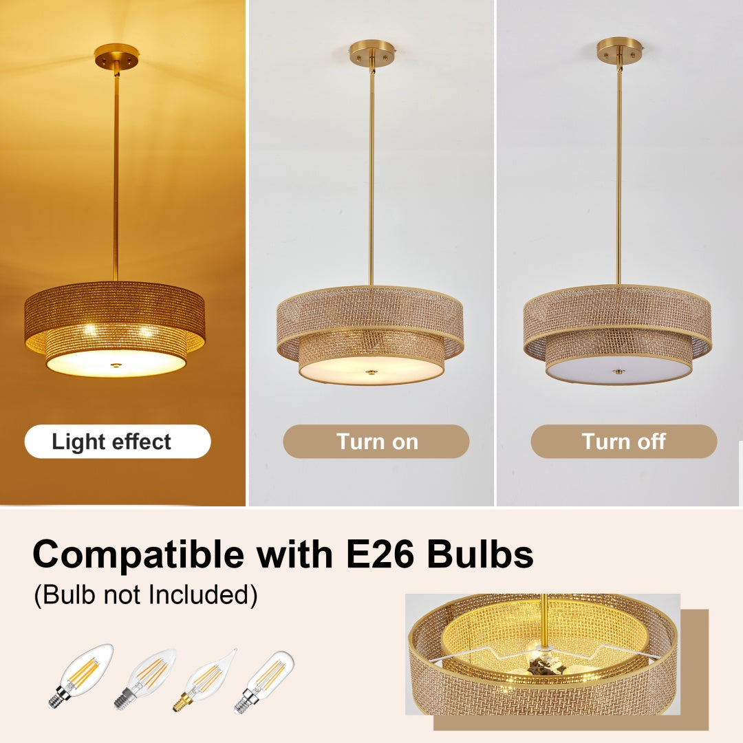 Woven Rattan & Linen Ceiling Light Fixture - Semi Flush Mount for Bedrooms & Kitchen
