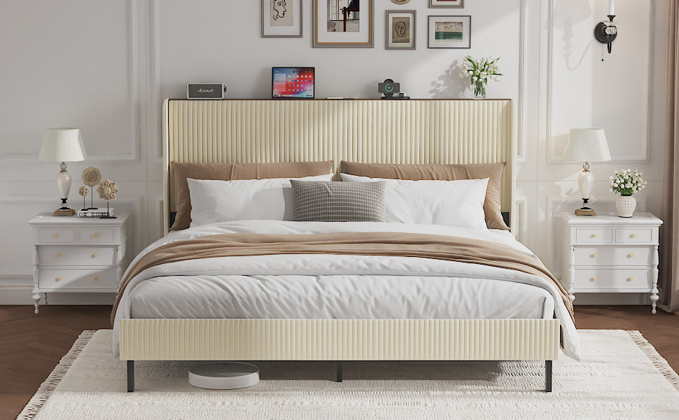Full Metal Platform Bed Frame with Charging Station - Beige