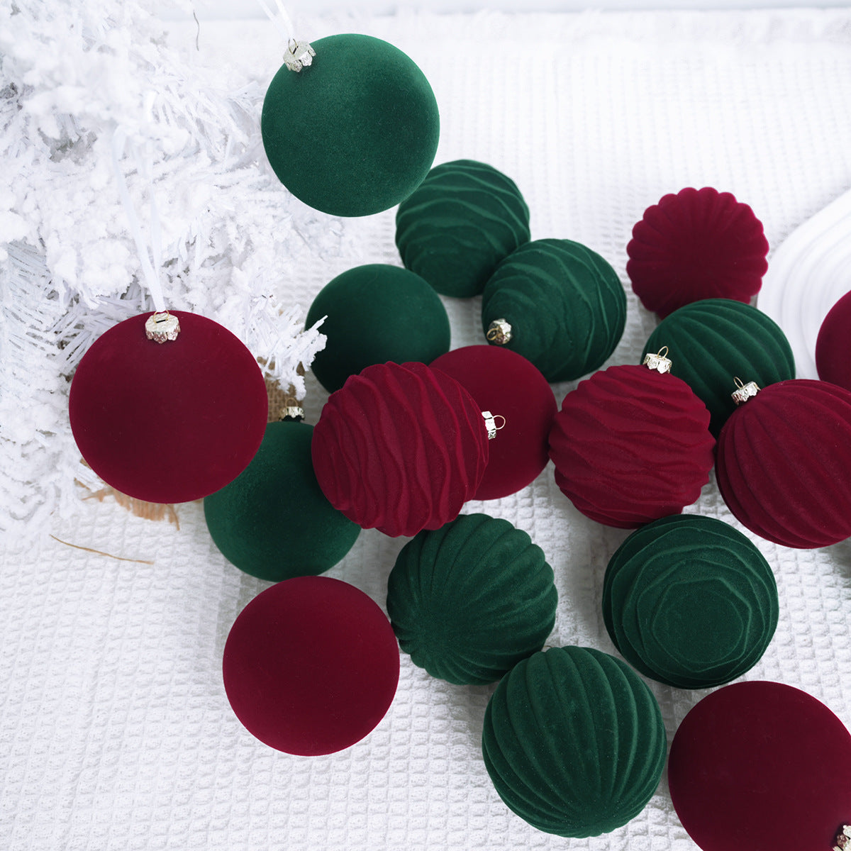 Christmas Flocking Ball Decorations Set - Red, Green, Blue, 8-12cm
