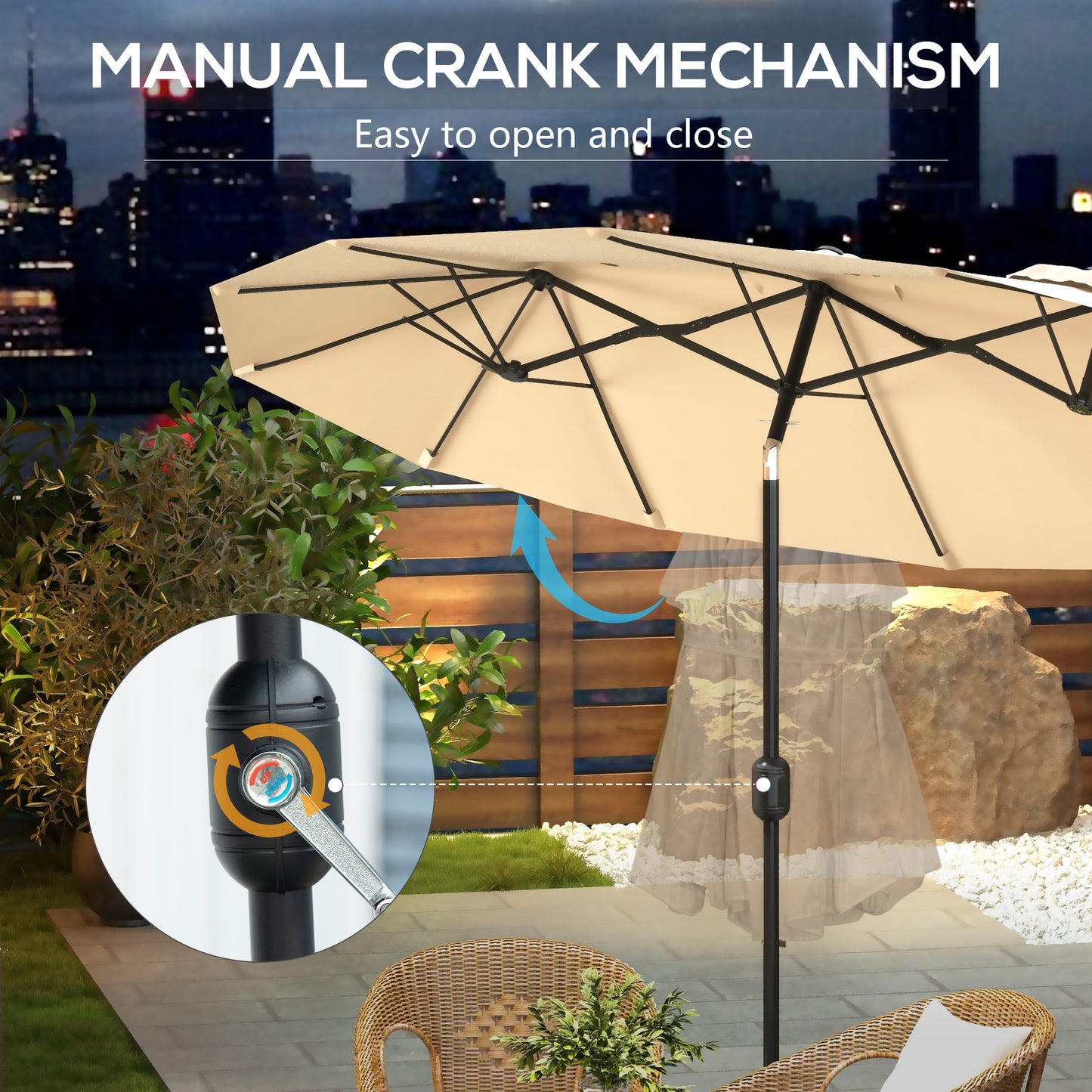 Large Double-Sided Patio Umbrella with Tilt & Crank - Brown