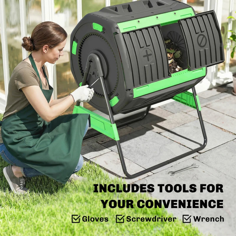Outdoor Compost Bin 53 Gal Dual Chamber Tumbling Composter with Adjustable Vents - Green