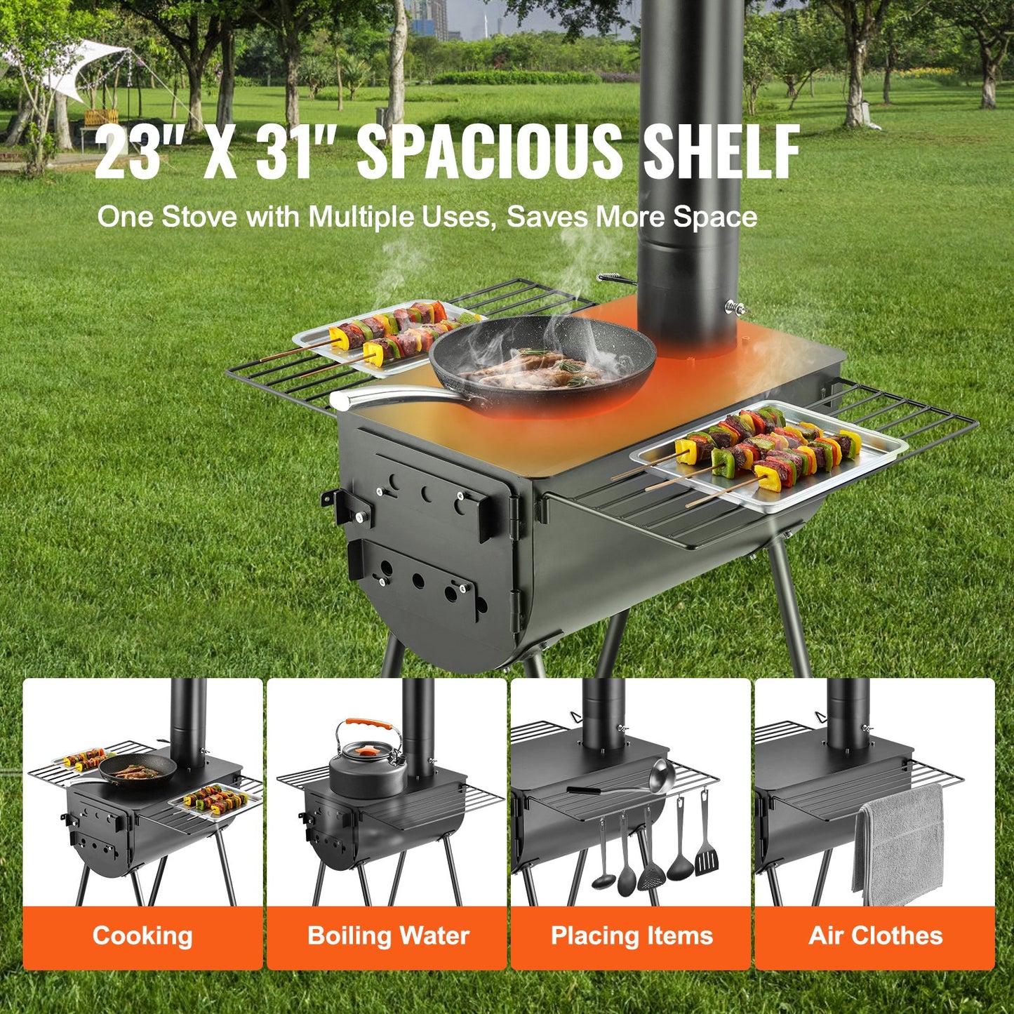 Portable Wood Burning Camping Stove with Chimney Pipes & Gloves - 118 Inch Alloy Steel Firebox