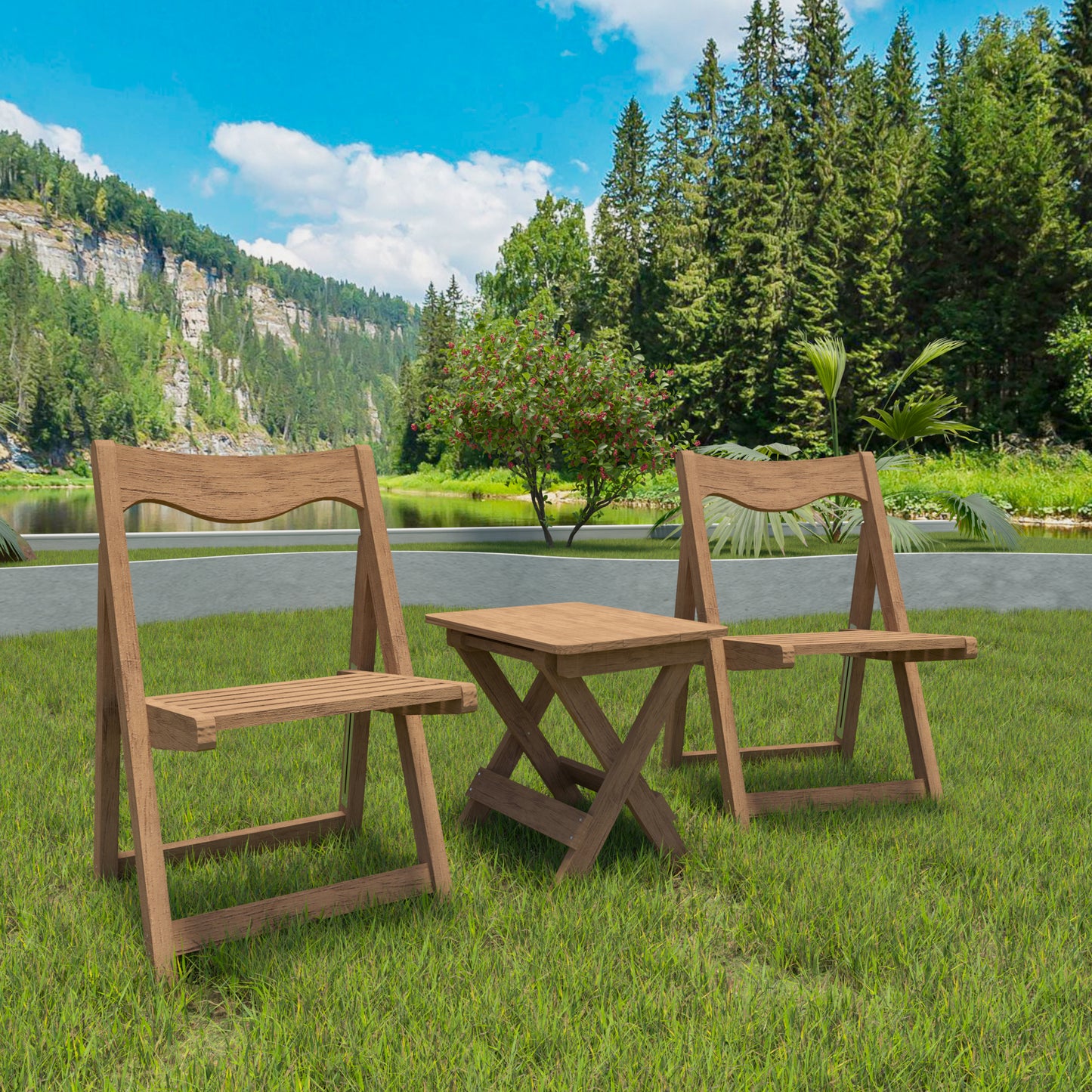 Foldable Outdoor Bistro Set with 2 Chairs and Rectangular Table - Teak