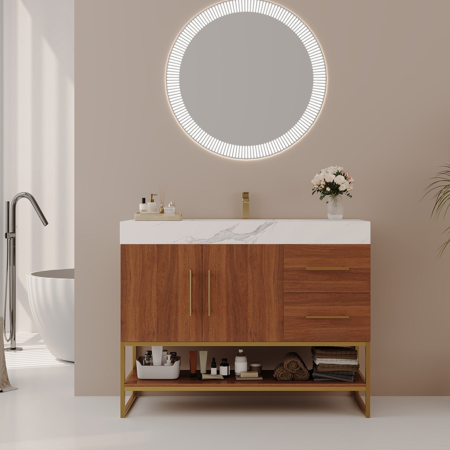 36" Modern Free-Standing Bathroom Vanity with Seamless Sink - Gold, Walnut, White