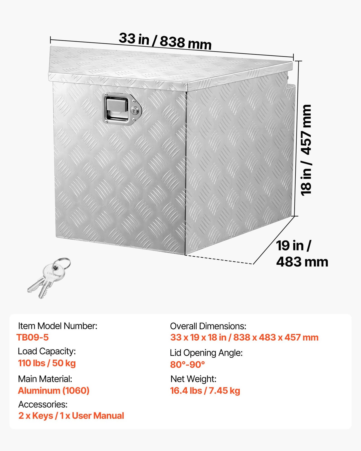 Heavy Duty Aluminum Trailer Tongue Box with Lock, 33 x 19 x 18 Inches, Weather-Resistant Storage Organizer, Black