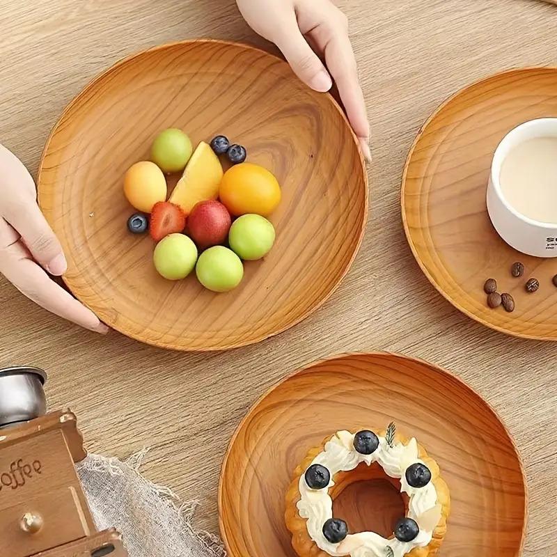 10 Creative Wood Grain Plastic Plates - Round Striped Design,