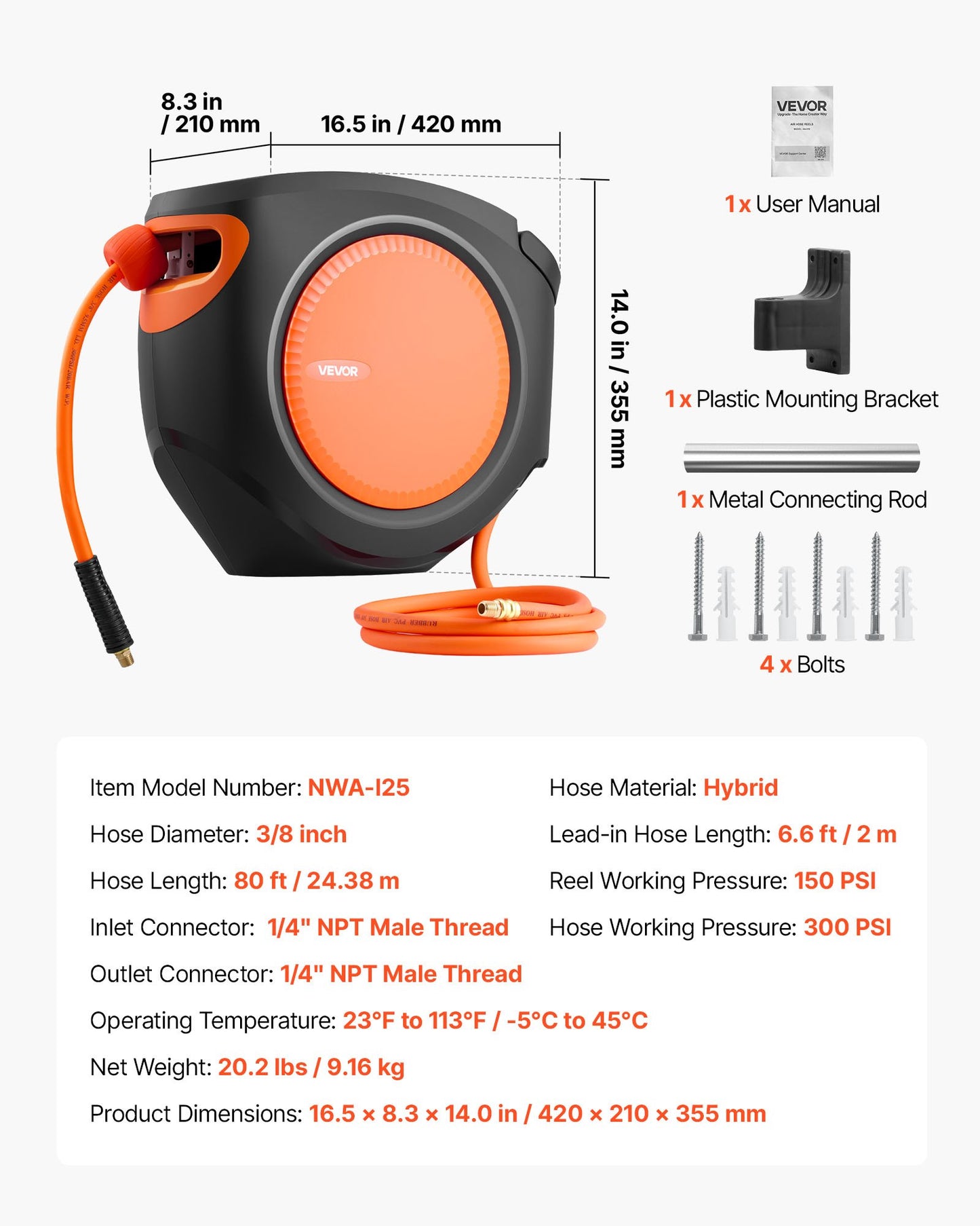 Retractable Air Hose Reel 80ft 3/8 Inch Hybrid Air Hose with Auto Rewind