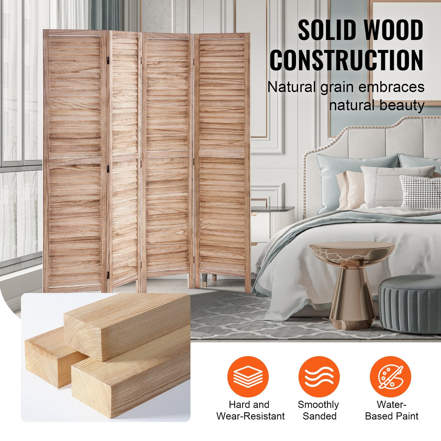 Wood Room Divider - 4 Panel Folding Privacy Screen, 66.9" Tall